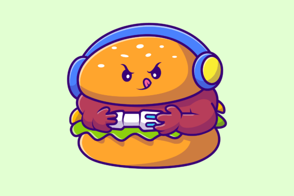 Cute Burger Gaming Cartoon Illustration for Graphics and Illustrations