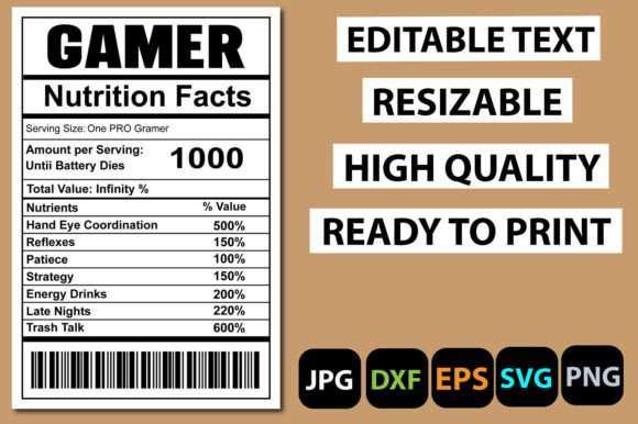 Gamer Nutrition Facts Label for Graphics and Crafts