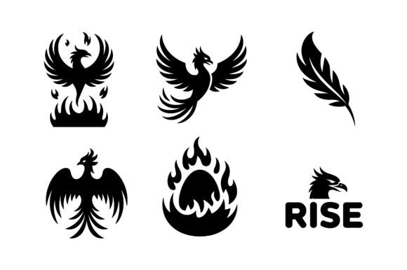 Mythical Phoenix Silhouette Icon Set EPS for Crafts and Graphics